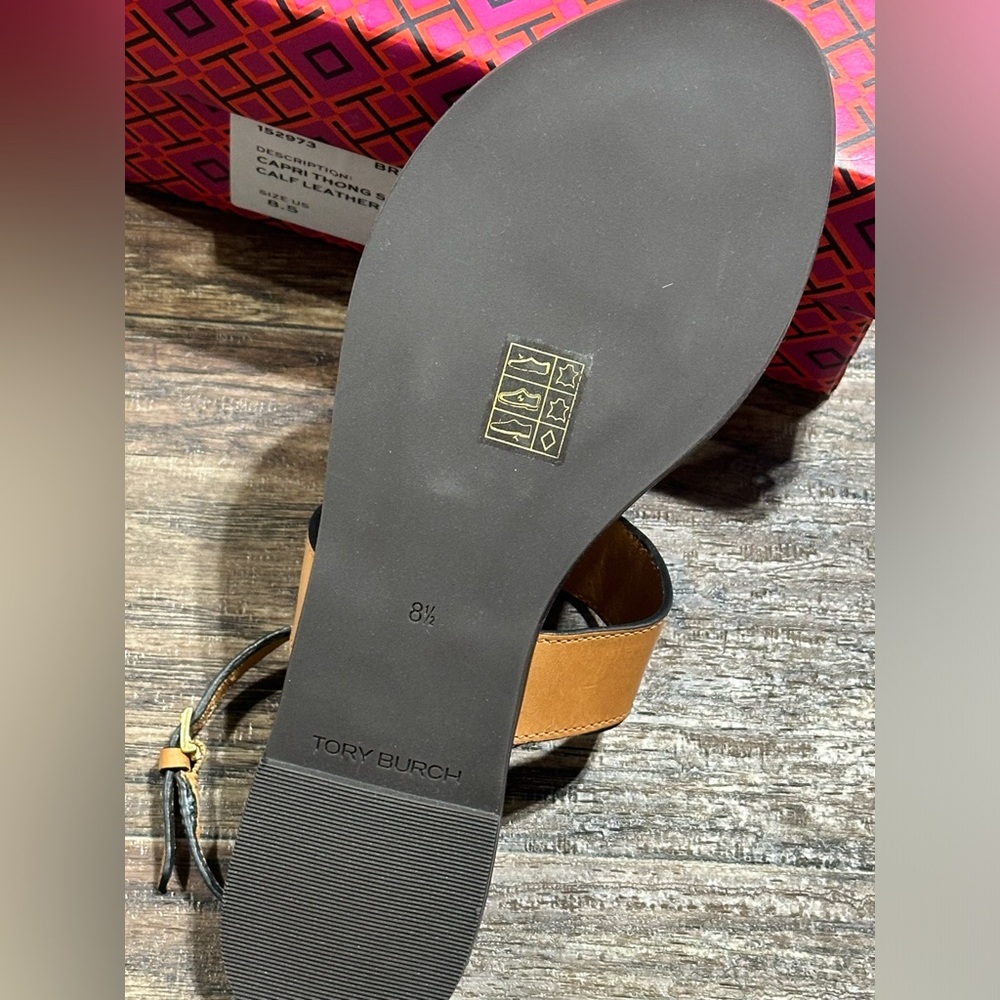 Tory Burch Brown and Tan Leather T-Strap Sandals - Picture 2 of 3